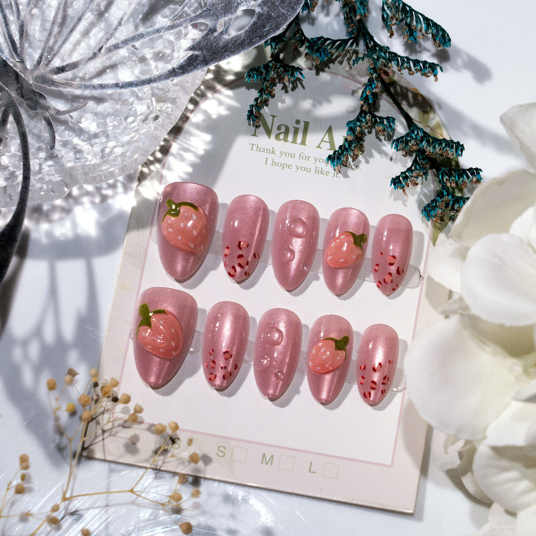Artistic Strawberry-Inspired Press-On Nail Art Kalsten