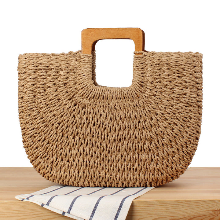 Handcrafted straw bag with wooden handle Kalsten