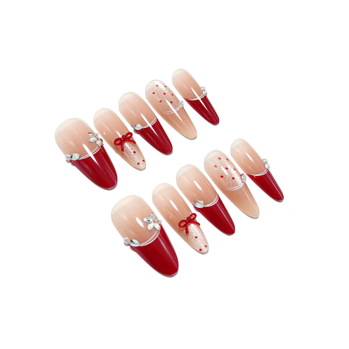 Elegant Artificial Nails with Decorative Ribbons and Rhinestone Clusters Kalsten