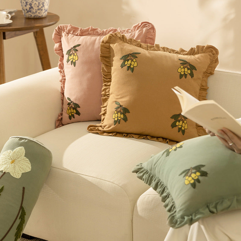 Square decorative cushion with frill edge and embroidered berry ornament made of cotton-linen Kalsten