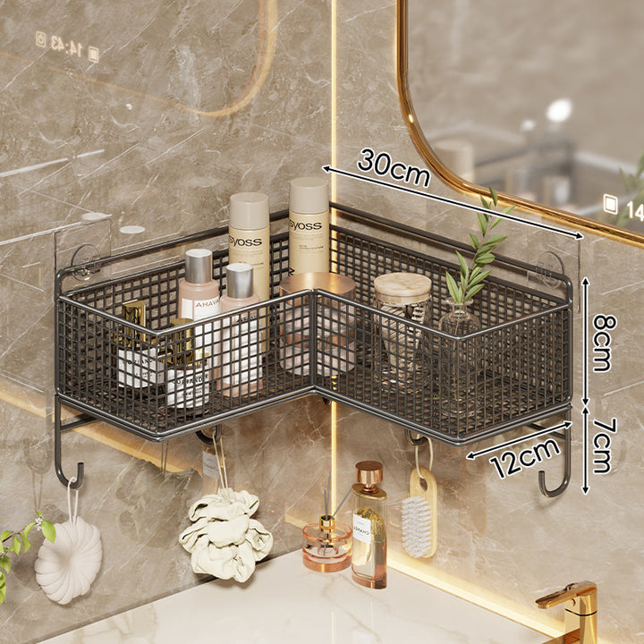Corner Suction-Mounted Mesh Vanity Organizer with Dual Floating Baskets and Hook Rack