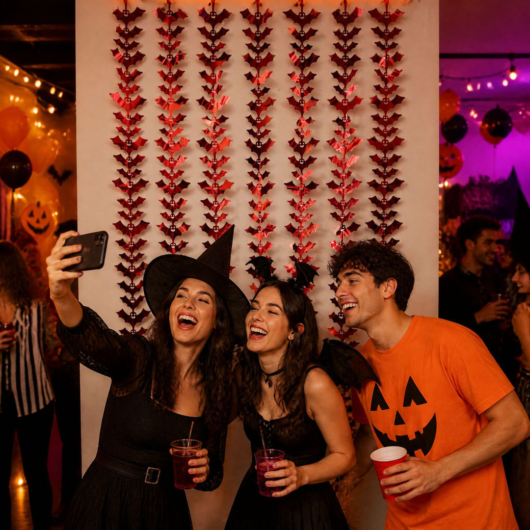 Hanging Halloween curtain made of metallic foil strips with bat silhouettes