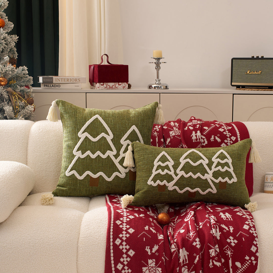 Embroidered Winter Tree Tassel Lumbar Throw Pillow