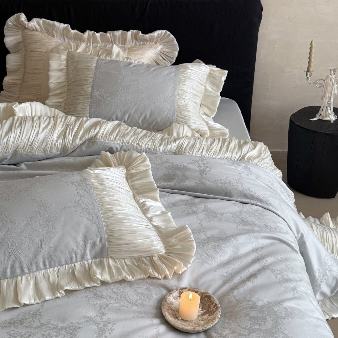 Luxurious ruffled satin bedding set with jacquard pattern and pleated edges