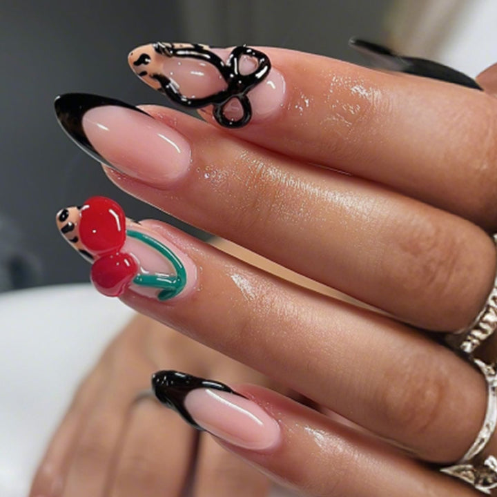 Creative Nail Art Press-On Set with Bow and Cherry Designs kalsten