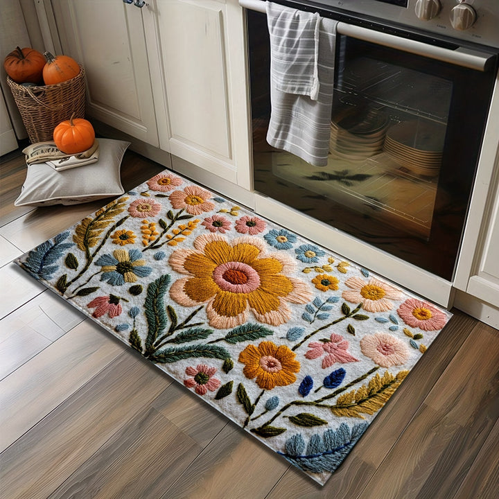 Embroidered Floral Kitchen Mat