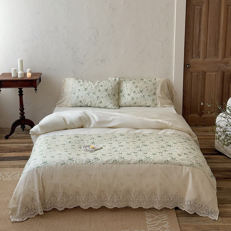 Bedding set made of cotton-linen with stonewashed finish, floral jacquard and crocheted lace edge