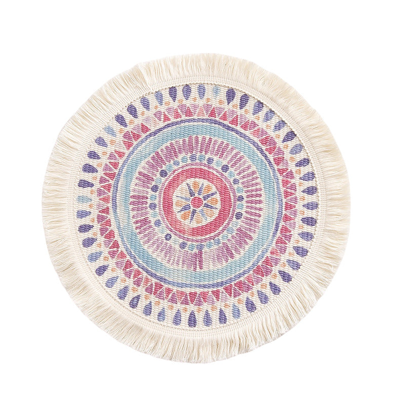 Round flat-woven cotton rug with mandala design and decorative fringes Kalsten