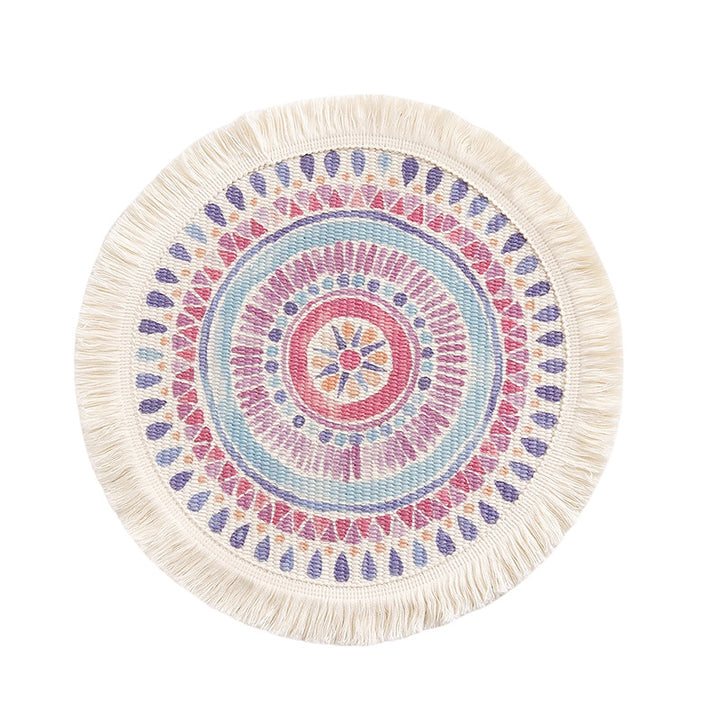 Round flat-woven cotton rug with mandala design and decorative fringes Kalsten