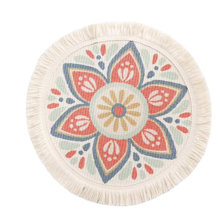 Round flat-woven cotton rug with mandala design and decorative fringes Kalsten