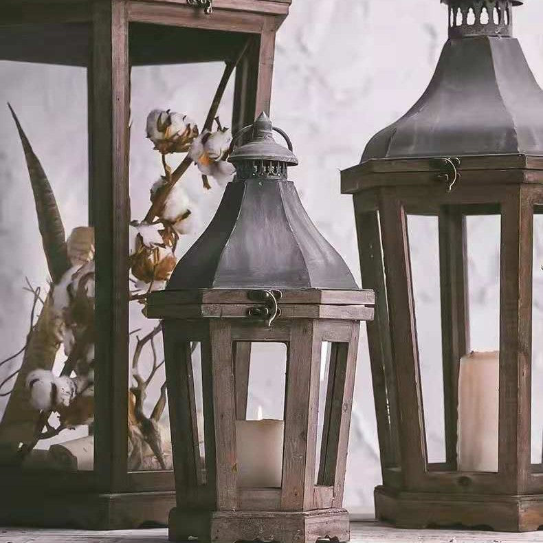 Rustic Weathered Wood and Metal Indoor Outdoor Candle Lantern Set Kalsten