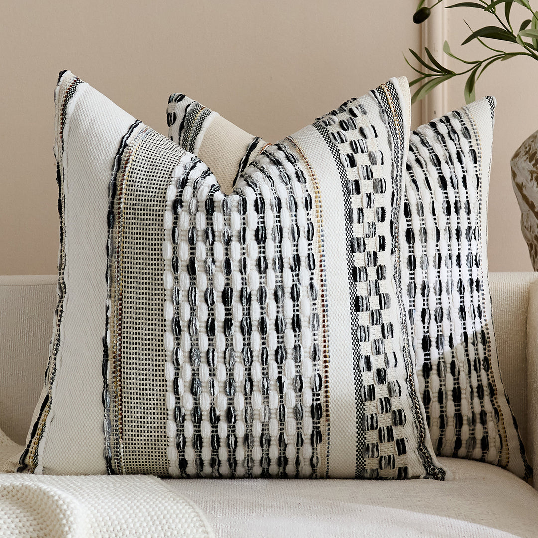 Handwoven Textured Square Throw Pillow Cover with Tufted Loop Stripes