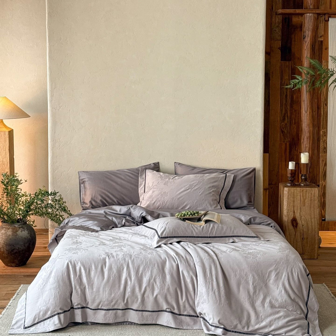 Premium bedding set made of breathable cotton blend with contrasting piping