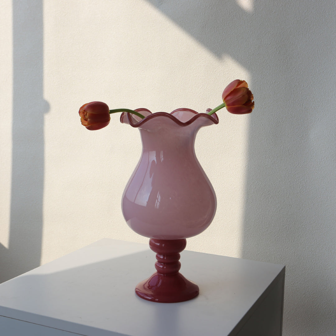 Decorative Ruffled Glass Table Vase with Turned Pedestal Kalsten