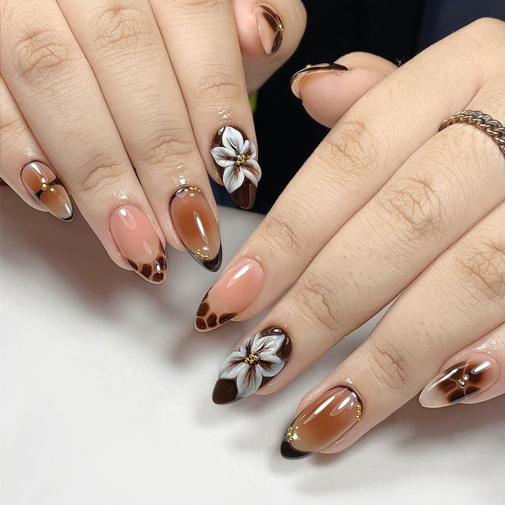 Artistic Press-On Nail Set with Floral and Color Block Design Kalsten
