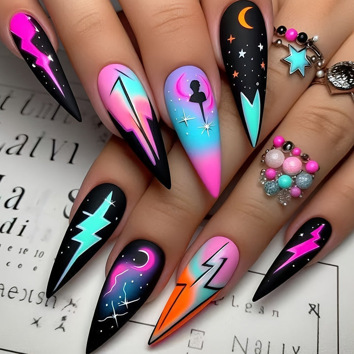 Creative artificial nails with neon light flash design Kalsten