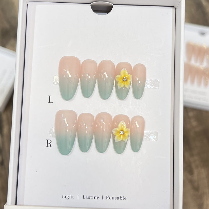 Elegant Ombre Press-On Nail Set with Floral Accents Kalsten