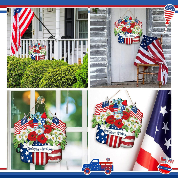 Unisex nan patriotic layered wooden door hanger with American flag buckets and floral bouquet Kalsten