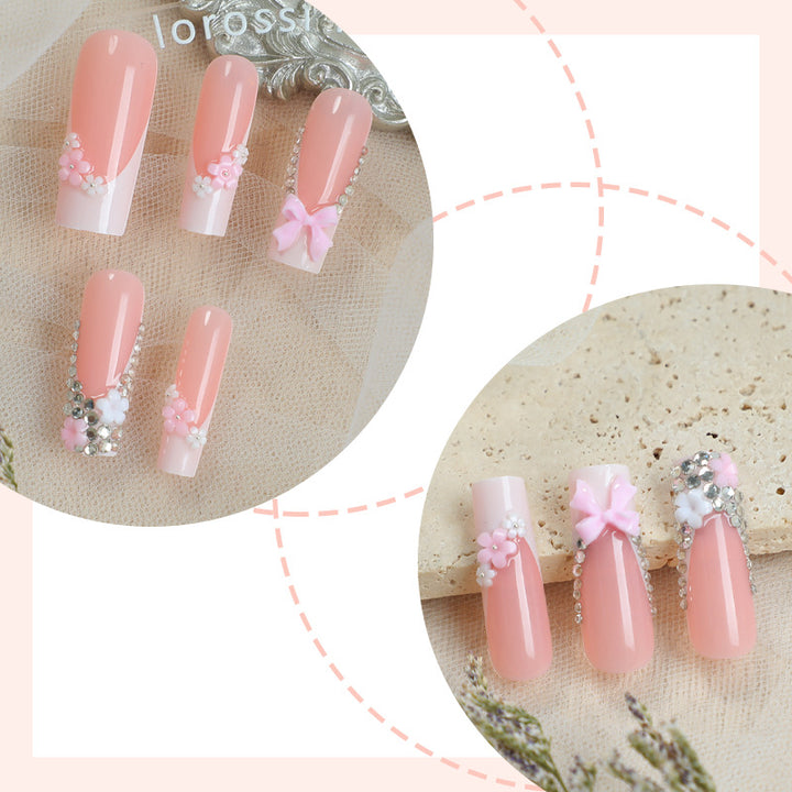 Decorative Press-On Nail Set with Elegant Floral and Gem Accents kalsten