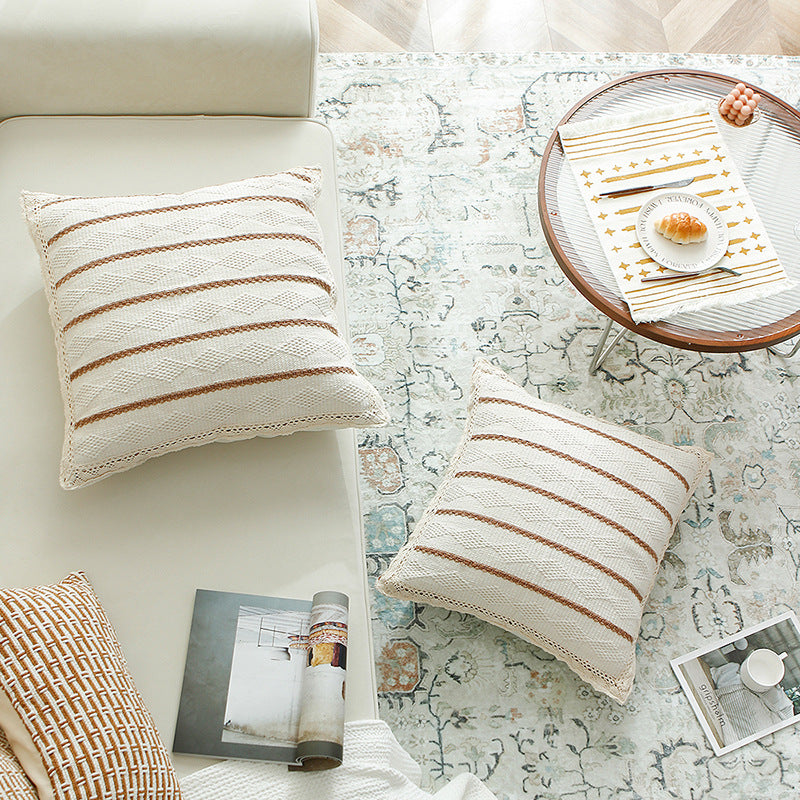 Decorative cushion cover made of cotton-linen with crocheted edge and textured stripes Kalsten