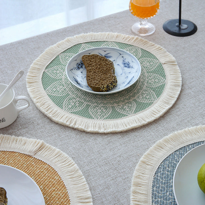 Round woven placemat with fringes and mandala jacquard structure Kalsten