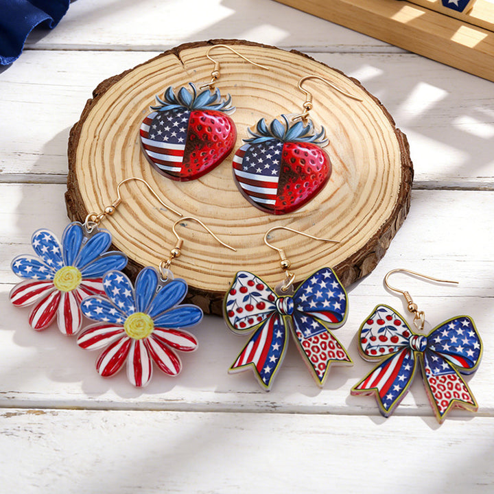 Women's acrylic statement earrings long pendant bow motif with patriotic print Kalsten