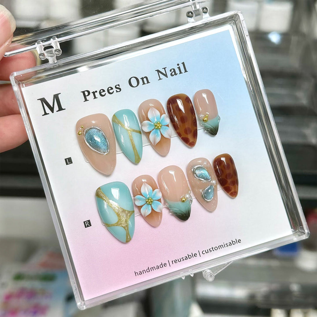 Artistic Press-On Nail Art Set with Floral and Gem Accents Kalsten