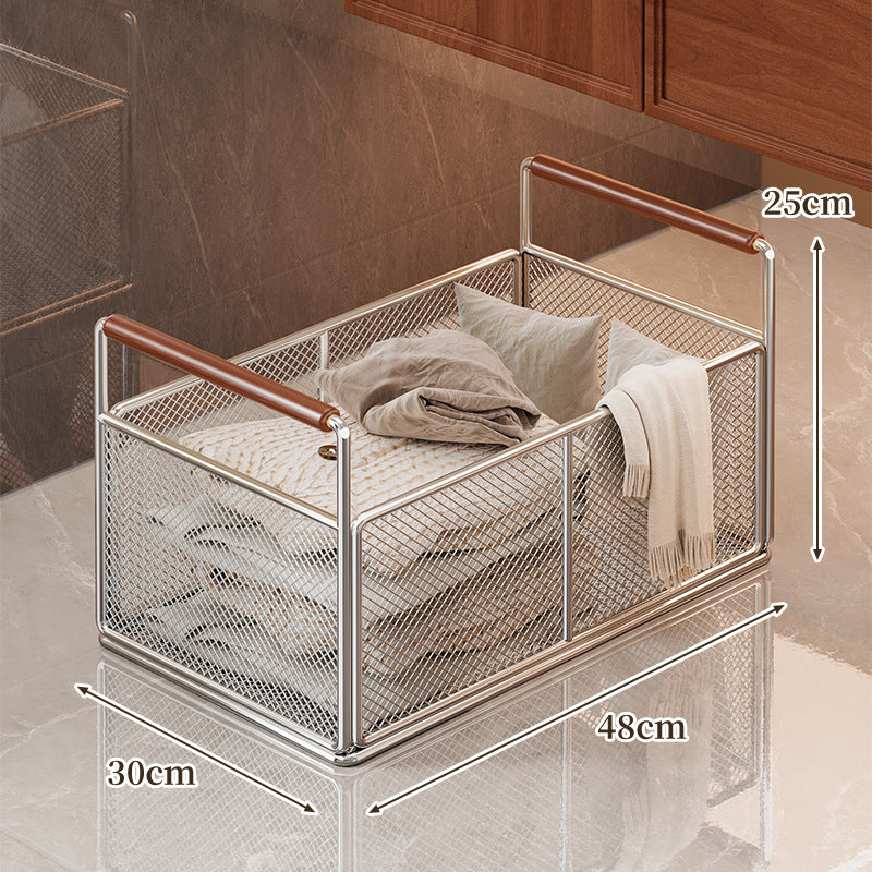 Freestanding Mesh Storage Crate with Wooden Grip Handles for Living Room and Laundry