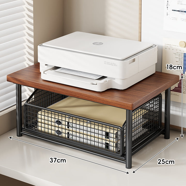 Desktop Printer & Office Equipment Riser with Wooden Top and Sliding Mesh Drawer