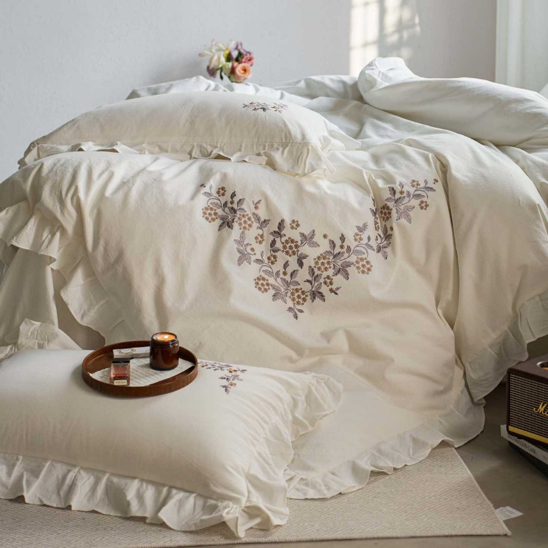 Romantic cotton percale bedding set with floral embroidery and ruffle