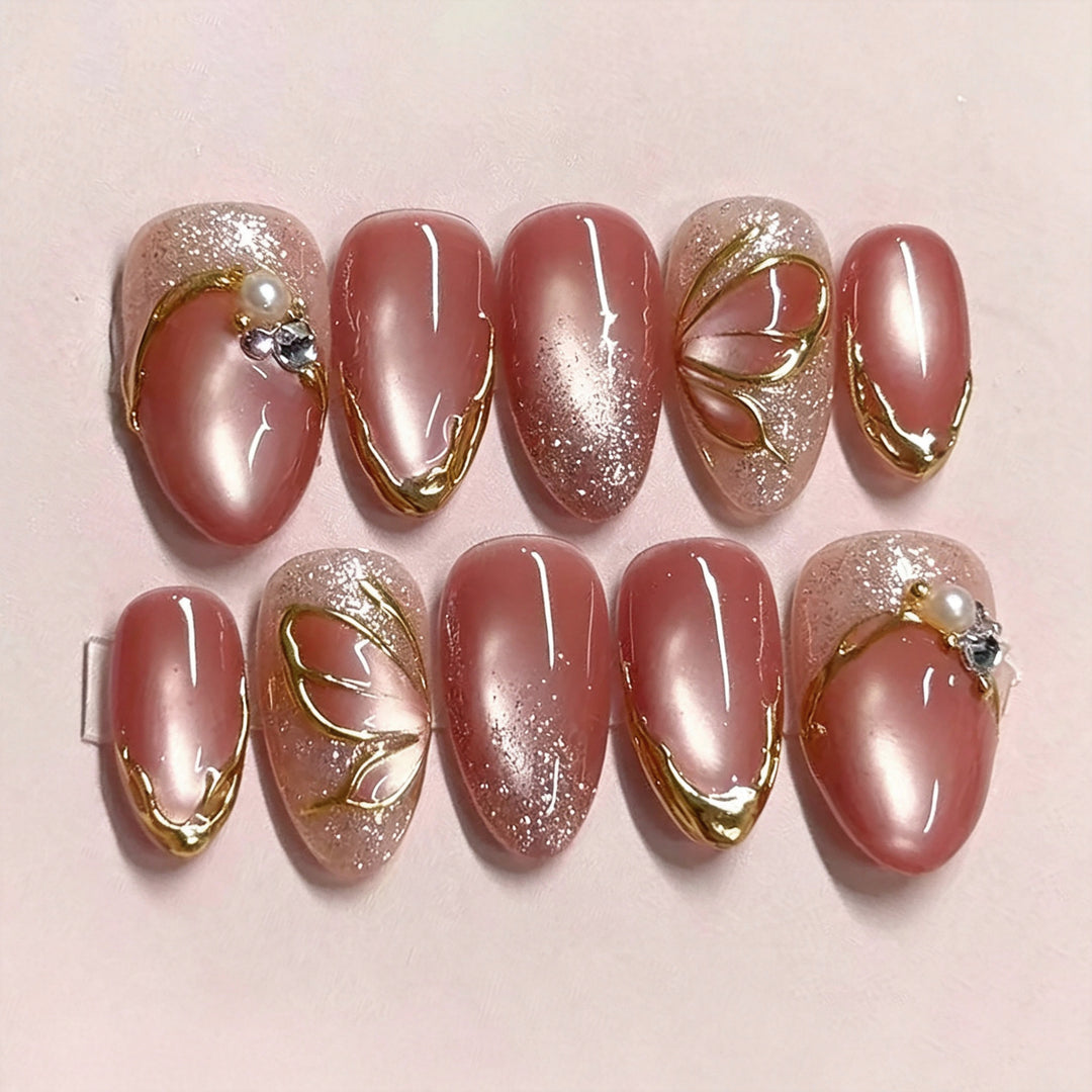 Luxury Floral Press-On Nail Art Set with Gold Accents