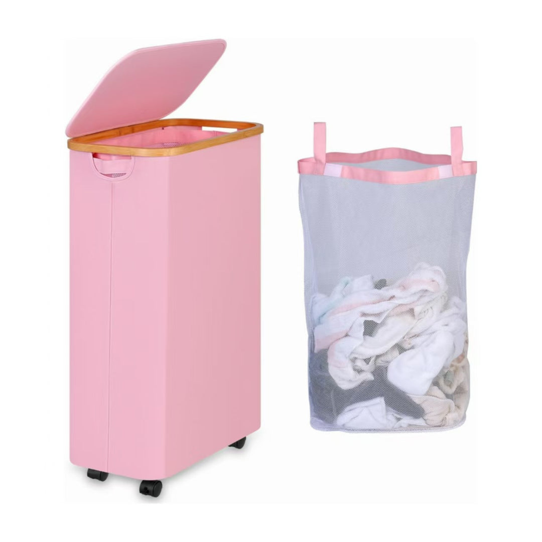 High-quality laundry container with bamboo lid and practical carrying handle Kalsten