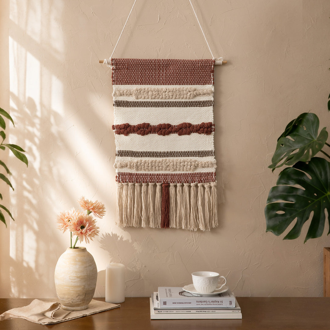 Boho Wall Hanging Macrame with Hand-Knotted Fringes and Woven Cable Patterns Kalsten