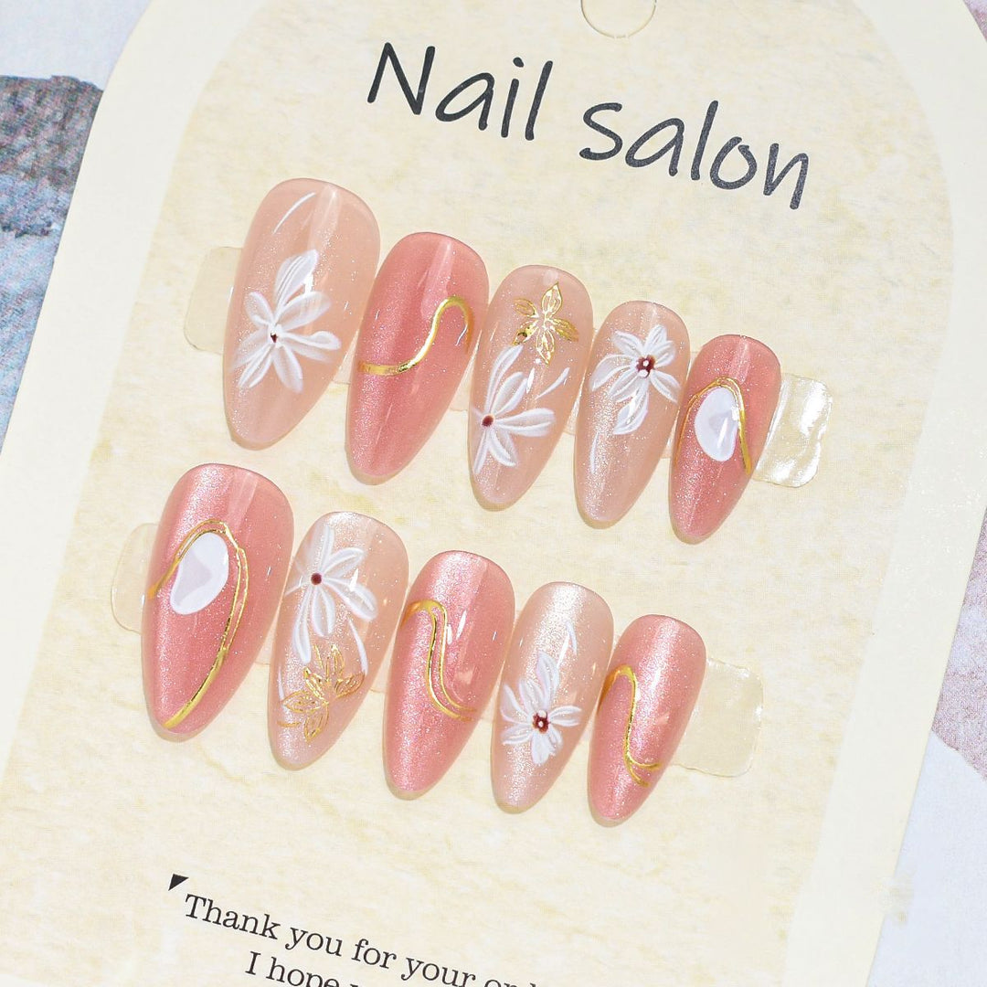Artistic Press-On Nail Set with Cherry Blossom Design Kalsten