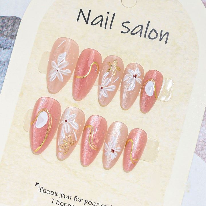 Artistic Press-On Nail Set with Cherry Blossom Design Kalsten