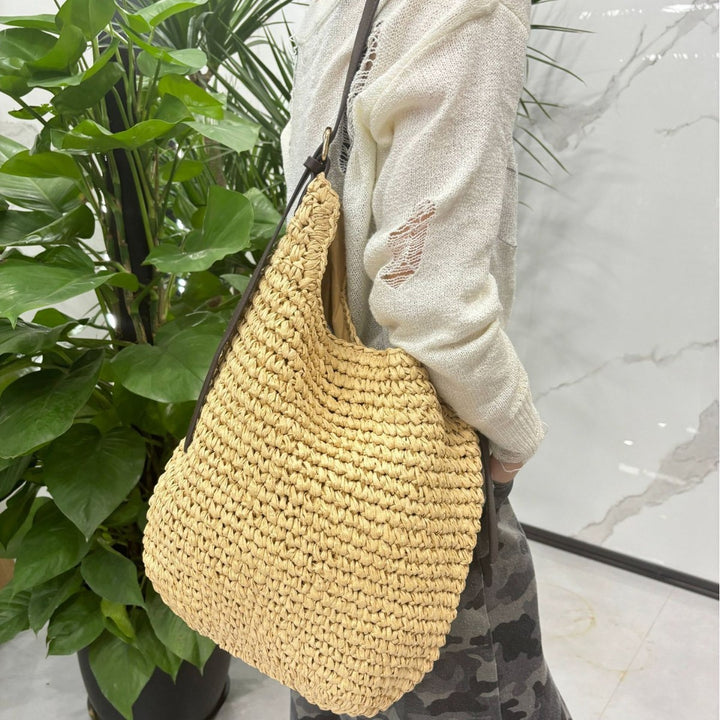 Braided Shoulder Bag Made of Natural Material with Elegant Leather Accents Kalsten