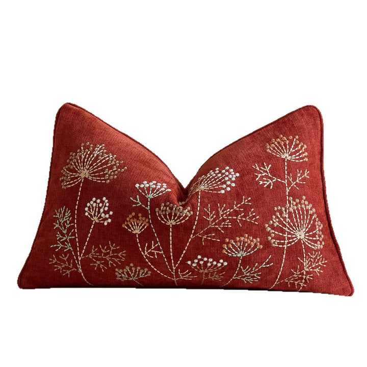 Embroidered Linen Throw Pillow Cover with Floral Motif