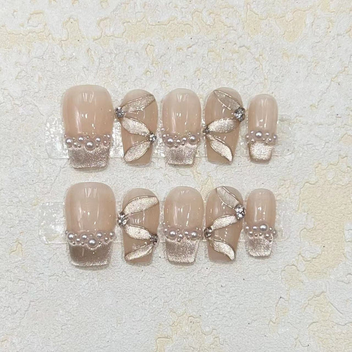 Luxurious Decorative Press-On Nail Set with Pearl and Gemstone Accents Kalsten