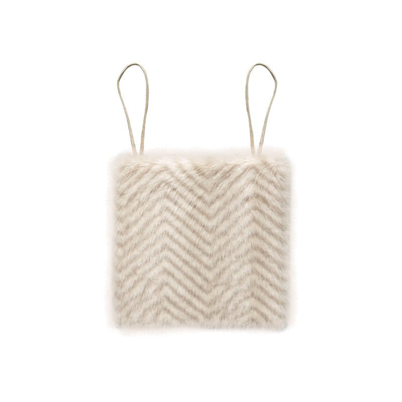 Square chair cushion made of cozy artificial fur with non-slip base and strap attachment Kalsten
