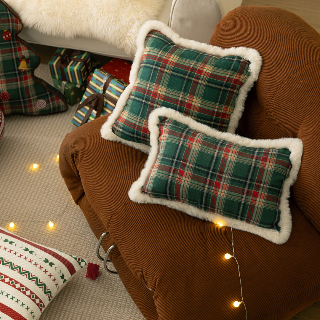 Christmas tree-shaped decorative pillow made of checked flannel with embroidered appliqués Kalsten