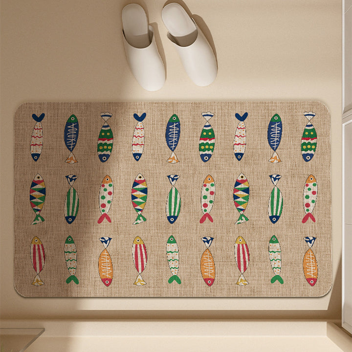 Absorbent Low-Profile Jute-Texture Fish Pattern Entrance & Bath Mat