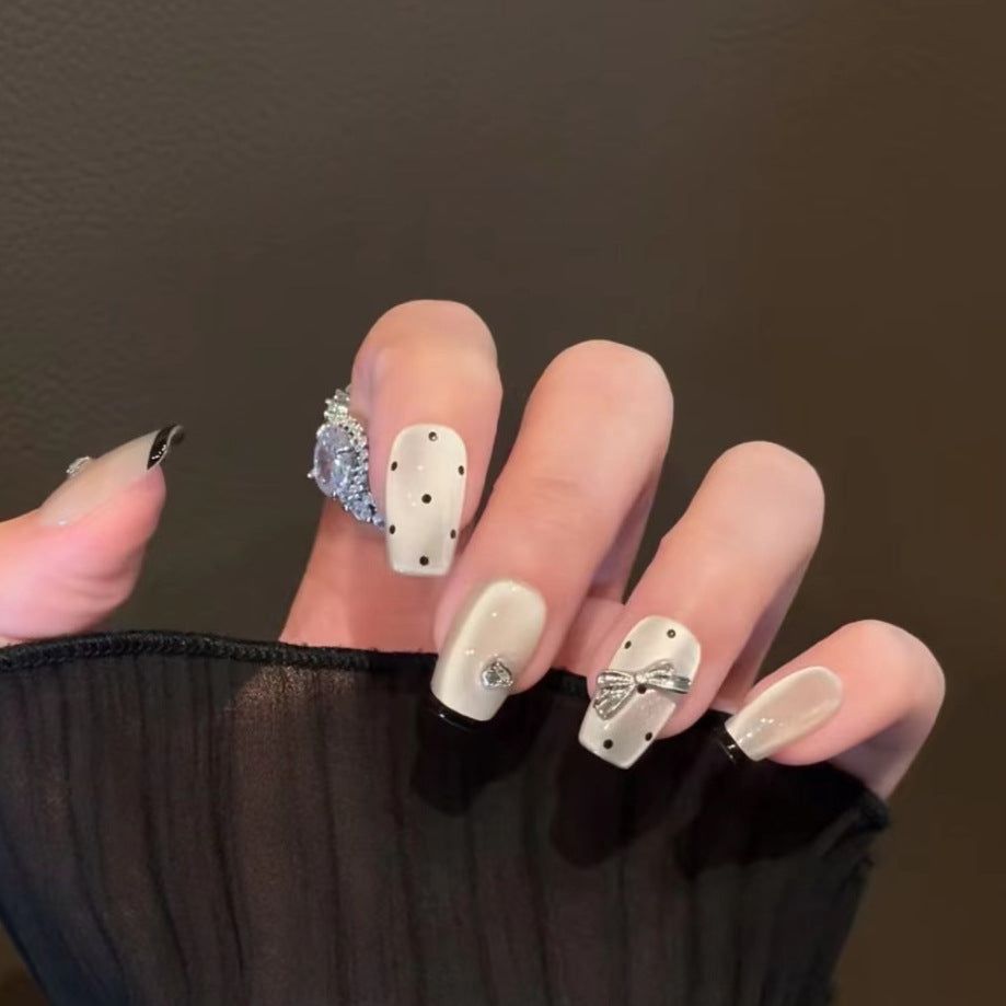 Decorative Press-On Nail Set with Bow and Gem Accents