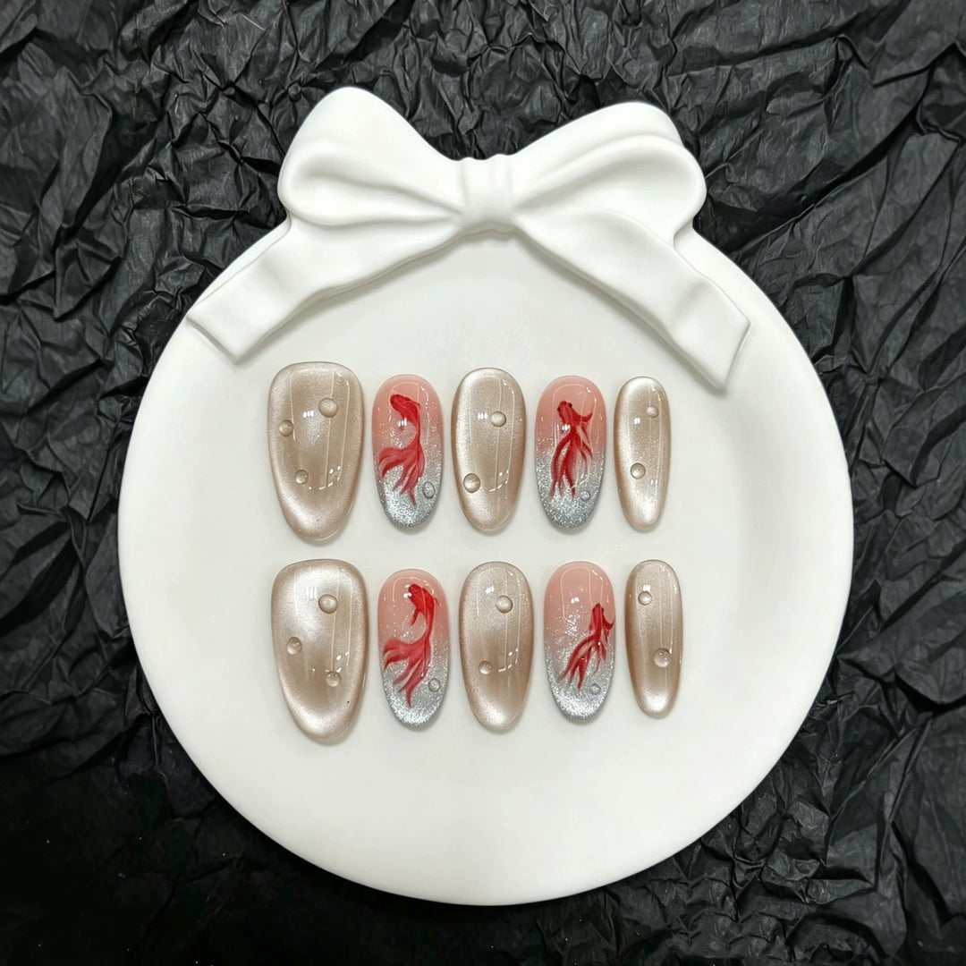 Artistic Press-On Nail Set with Unique Fish Design