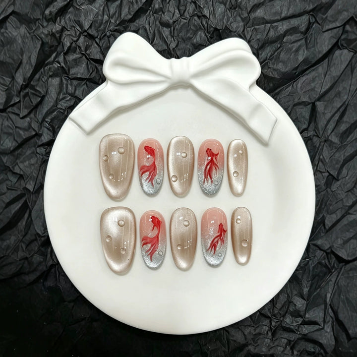 Artistic Press-On Nail Set with Unique Fish Design