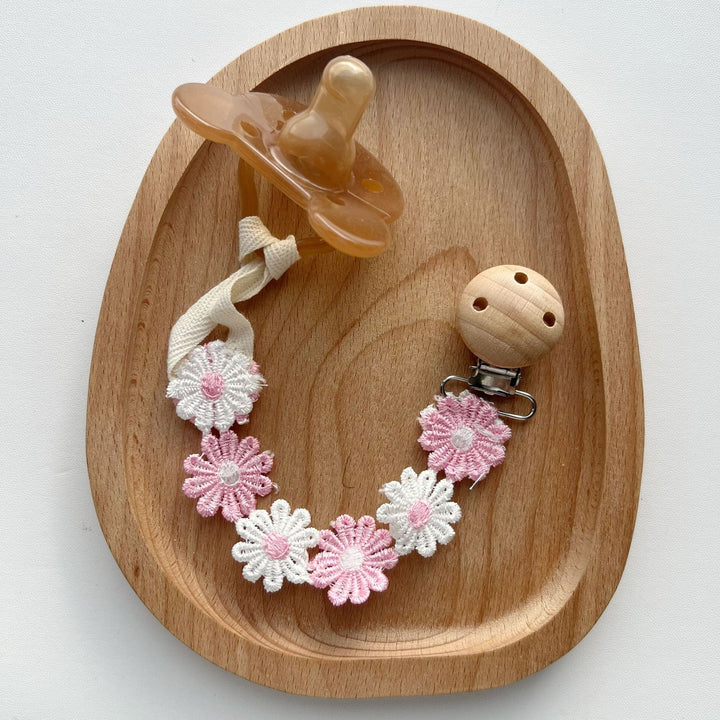 Crochet Floral Pacifier Clip with Wooden Bead Clip