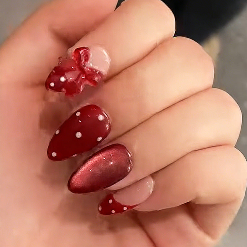 Charming Decorative Press-On Nail Art Set with Bow and Polka Dot Design Kalsten