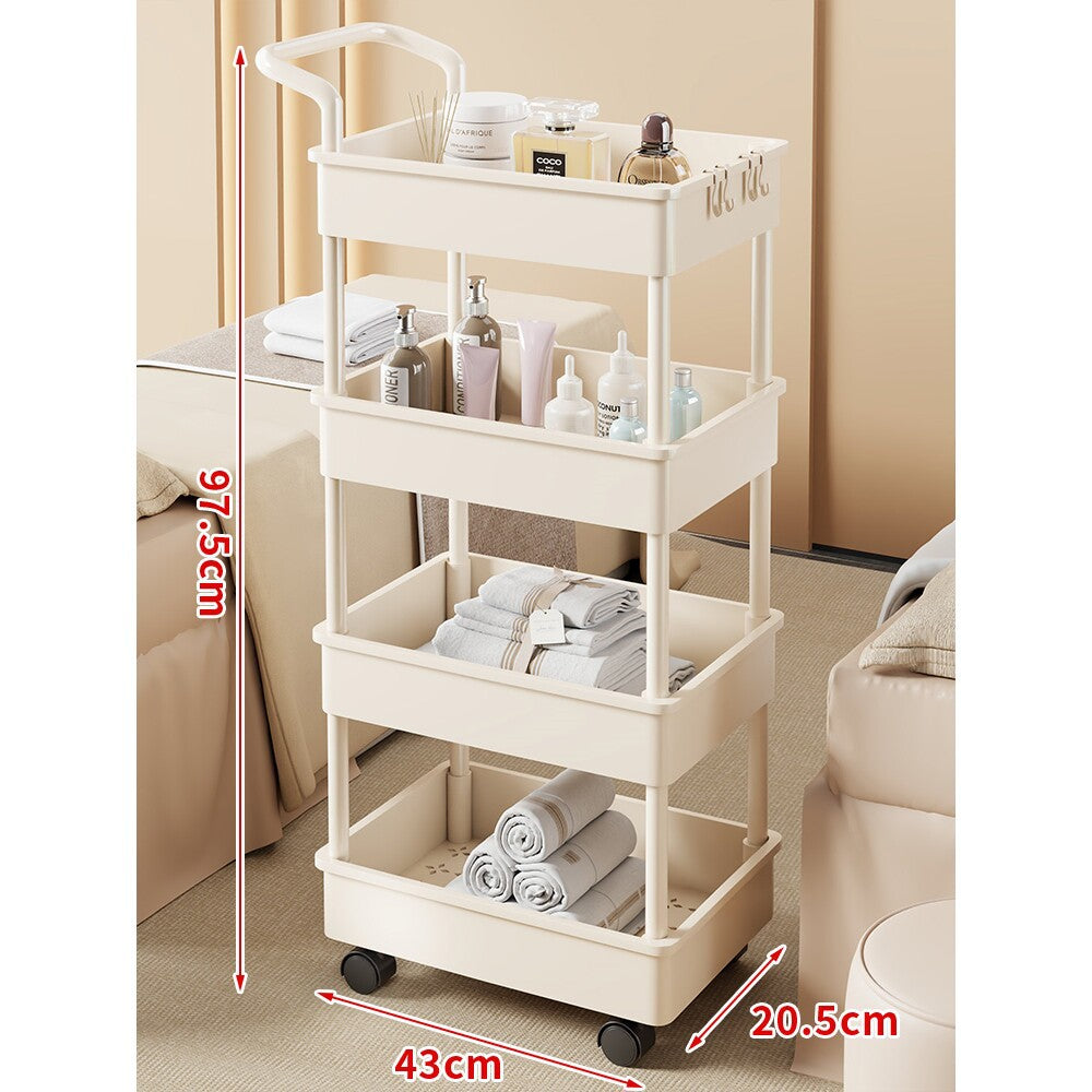 Compact Two-Tier Rolling Storage Trolley with Handle and Hooks