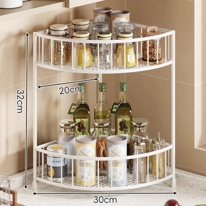 Three-Tier Rounded Corner Kitchen Storage Rack with Raised Rails and Mesh Shelves