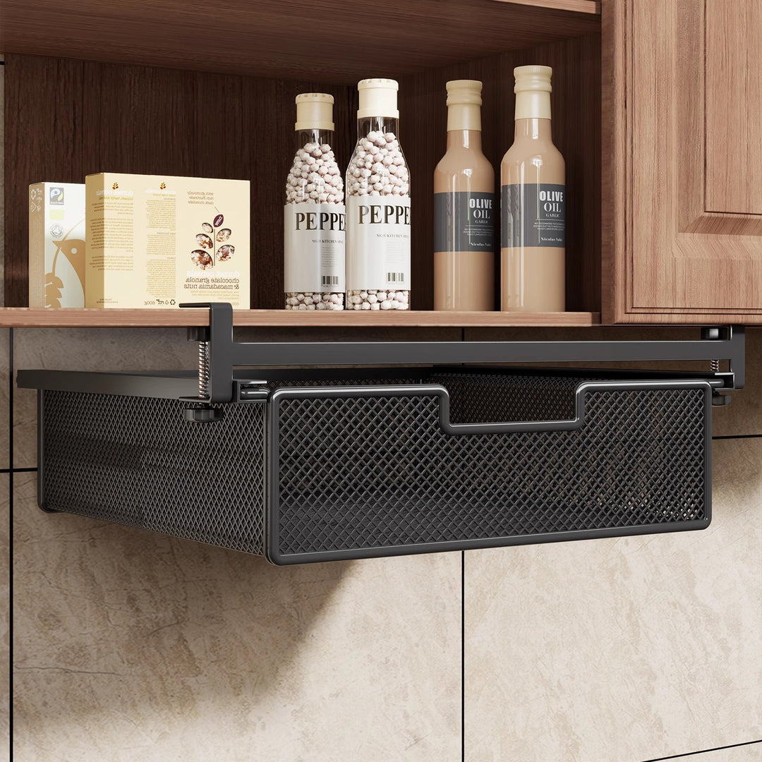 Under-Shelf Slide-Out Metal Mesh Pull-Out Storage Drawer with Adjustable Clamp