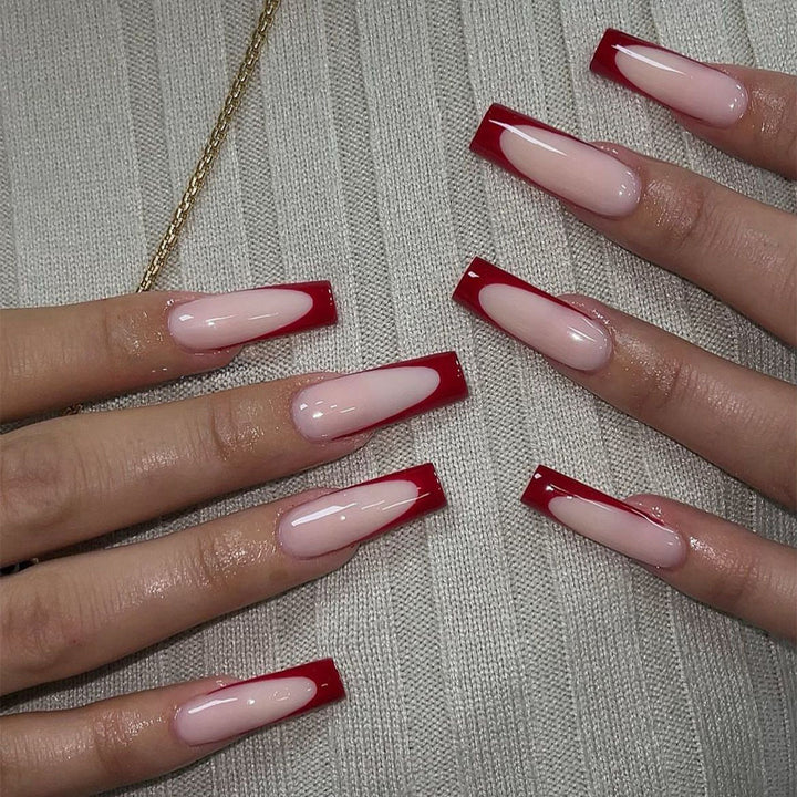 Elegant Press-On Nail Set with Artistic Red and White Design Kalsten